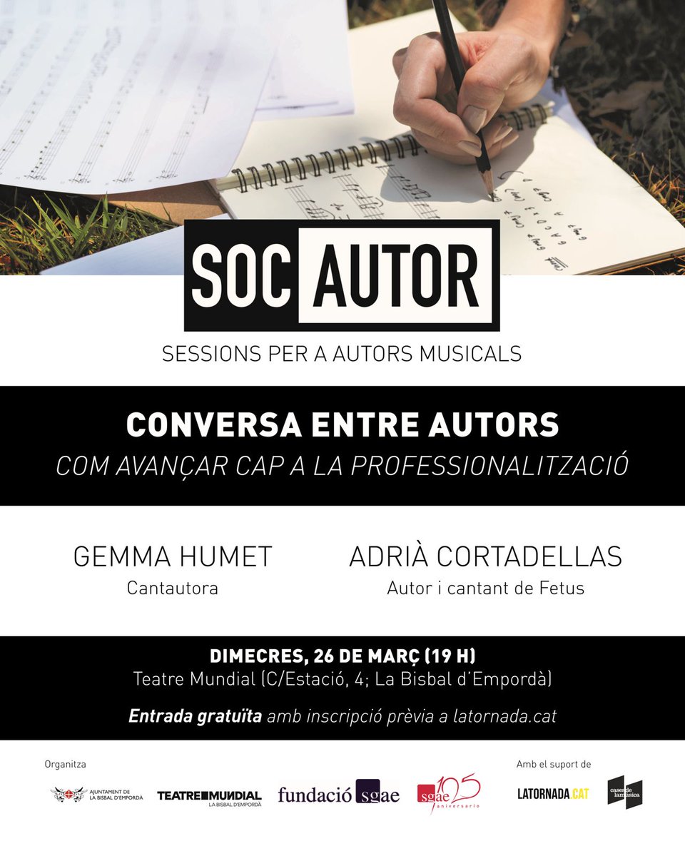 La Bisbal d'Empordà (@labisbalemporda) on Twitter photo Les jornades formatives 'Soc Autor' fan parada avui, a les 19 h, al Teatre Mundial amb la cantatutora <a href="/gemmahumet/">Gemma Humet</a> i el bisbalenc <a href="/AdriCortadellas/">Adrià Cortadellas</a> (<a href="/SomFetus/">Fetus</a>), com a protagonistes, per parlar del camí cap a la professionalització en el món de la música:agenda.labisbal.cat/ca/agenda/c/14… Les jornades formatives 'Soc Autor' fan parada avui, a les 19 h, al Teatre Mundial amb la cantatutora <a href="/gemmahumet/">Gemma Humet</a> i el bisbalenc <a href="/AdriCortadellas/">Adrià Cortadellas</a> (<a href="/SomFetus/">Fetus</a>), com a protagonistes, per parlar del camí cap a la professionalització en el món de la música:agenda.labisbal.cat/ca/agenda/c/14…