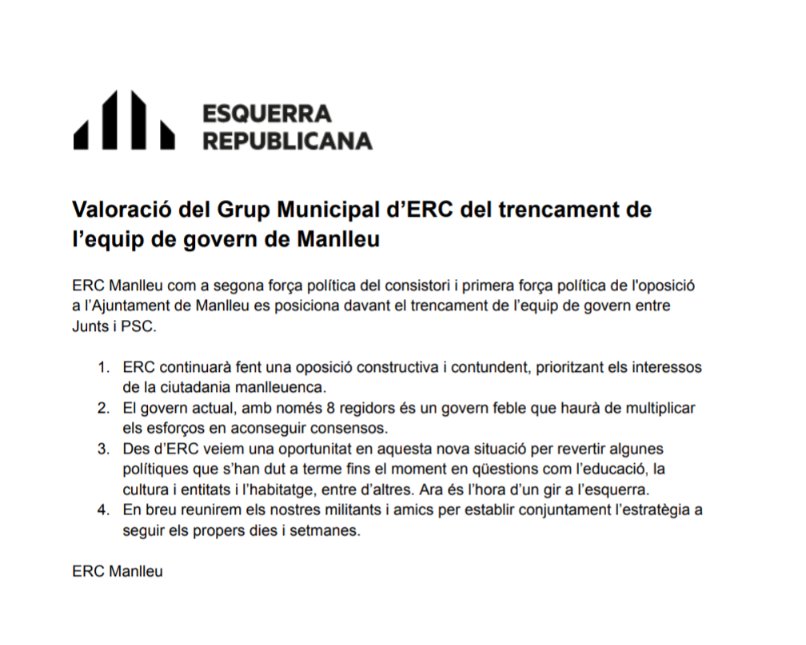 Valoració del grup municipal d'<a href="/Esquerra_ERC/">Esquerra Republicana</a> del trencament de l'equip de govern de #Manlleu