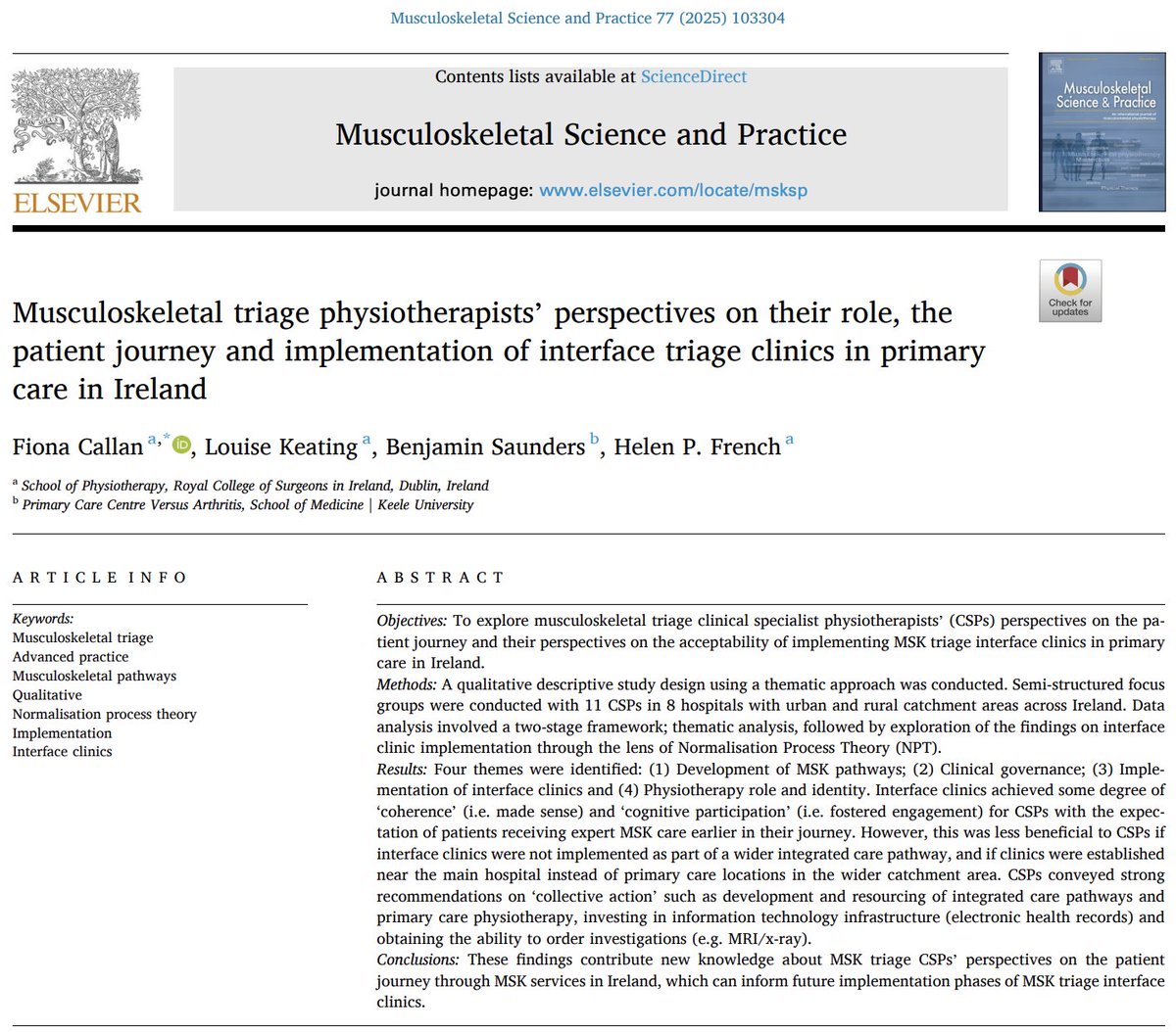 Fiona Callan (@fcphysio23) on Twitter photo 🚨 New publication alert! 🚨
Delighted to see our research on the patient journey in MSK triage and interface clinic implementation published open access in <a href="/MSKPhysioJnl/">MSKPhysioJournal</a>
📔 Read here ↩️
doi.org/10.1016/j.msks…
Many thanks to all participants, the research team <a href="/LKeating_RCSI/">Louise Keating 🇺🇦</a> 🚨 New publication alert! 🚨
Delighted to see our research on the patient journey in MSK triage and interface clinic implementation published open access in <a href="/MSKPhysioJnl/">MSKPhysioJournal</a>
📔 Read here ↩️
doi.org/10.1016/j.msks…
Many thanks to all participants, the research team <a href="/LKeating_RCSI/">Louise Keating 🇺🇦</a>