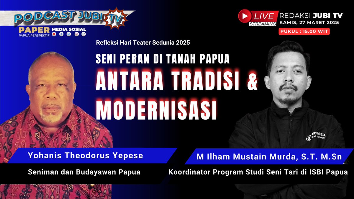 Halo Sobat Jubi! 
Jangan lupa saksikan Podcast Refleksi Hari Teater Sedunia 2025 'Seni Peran di Tanah Papua Antara Tradisi &amp; Modernisasi'
Live di YouTube Redaksi JubiTV pada Kamis, 27 Maret 2025, pukul 15.00 Waktu Papua.