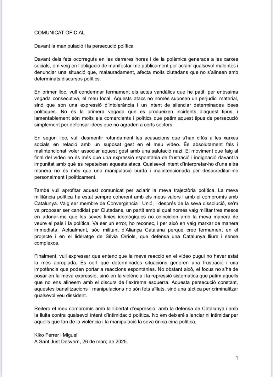 KikoFerrer2023's tweet photo. Comunicat després del ressò del vídeo que vaig penjar ahir i de l'assetjament públic que he rebut al meu lloc de feina i per xarxes socials. https://t.co/HLFczXULKe