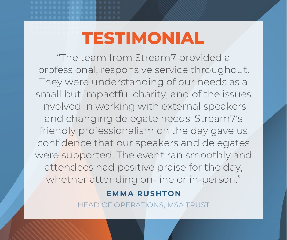 “Stream7’s friendly professionalism on the day gave us confidence that our speakers and delegates were supported.” – MSA Trust

In our latest case study, discover how we helped this small but mighty charity deliver a seamless hybrid event in London: link.stream7.co.uk/deWo 🎚️🎥