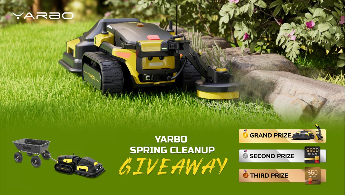 yarboglobal's tweet photo. 🌿 Yarbo Spring Cleanup Giveaway! 
🚀Spring is here, and it’s time to give your lawn the love it deserves! Join our Yarbo Spring Cleanup giveaway for a chance to win amazing prizes! 🎉

🔹 How to Enter: 
1️⃣ Record a video of your lawn and share how you do your spring cleanup & Tell us how Yarbo could change your life and make lawn care easier!  
2️⃣ Post your video publicly on any social media platform with the hashtag #YarboSpringCleanup. Sharing your video on social media gives you a chance to inspire others with your spring cleanup tips and show how much you care about your lawn, all while increasing your chances of winning big prizes!  
3️⃣ Submit your post link here 👉 https://t.co/4LjAwi3hTc 
4️⃣ Complete as many entries as possible for more chances to win!

🎁 Prizes: 
🥇 1st Prize: Yarbo Lawn Mower + Trimmer (1 winner)  🥈 2nd Prize: $500 Amazon Gift Card (3 winners)  🥉 3rd Prize: $50 Gift Card (10 winners)

Don’t miss out—the more entries you complete, the better your chances! 🌱✨

📅 Enter now: https://t.co/4LjAwi3hTc
🗓️ Campaign Period: March 26 to April 16

#YarboSpringCleanup #Giveaway #SpringCleaning #WinWithYarbo #Yarbo #YarboSpringSale
