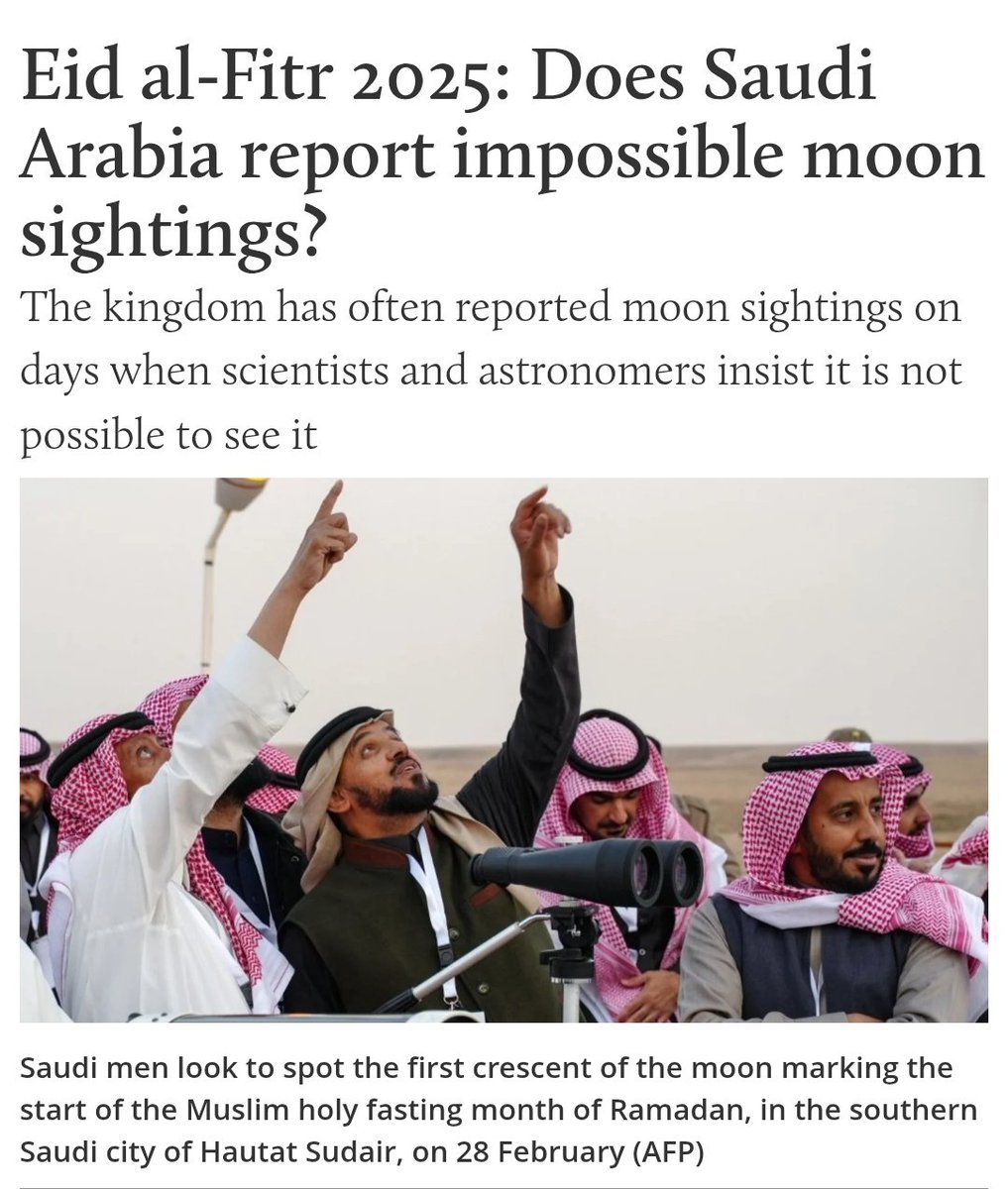 Eid on Sunday?

The crescent will be impossible to see in most of the world (including the Middle East) on Saturday, astronomers say.

But Saudi Arabia is likely to report a sighting on Saturday anyway, meaning its Eid will be on Sunday.

Why? Full story linked in post below: