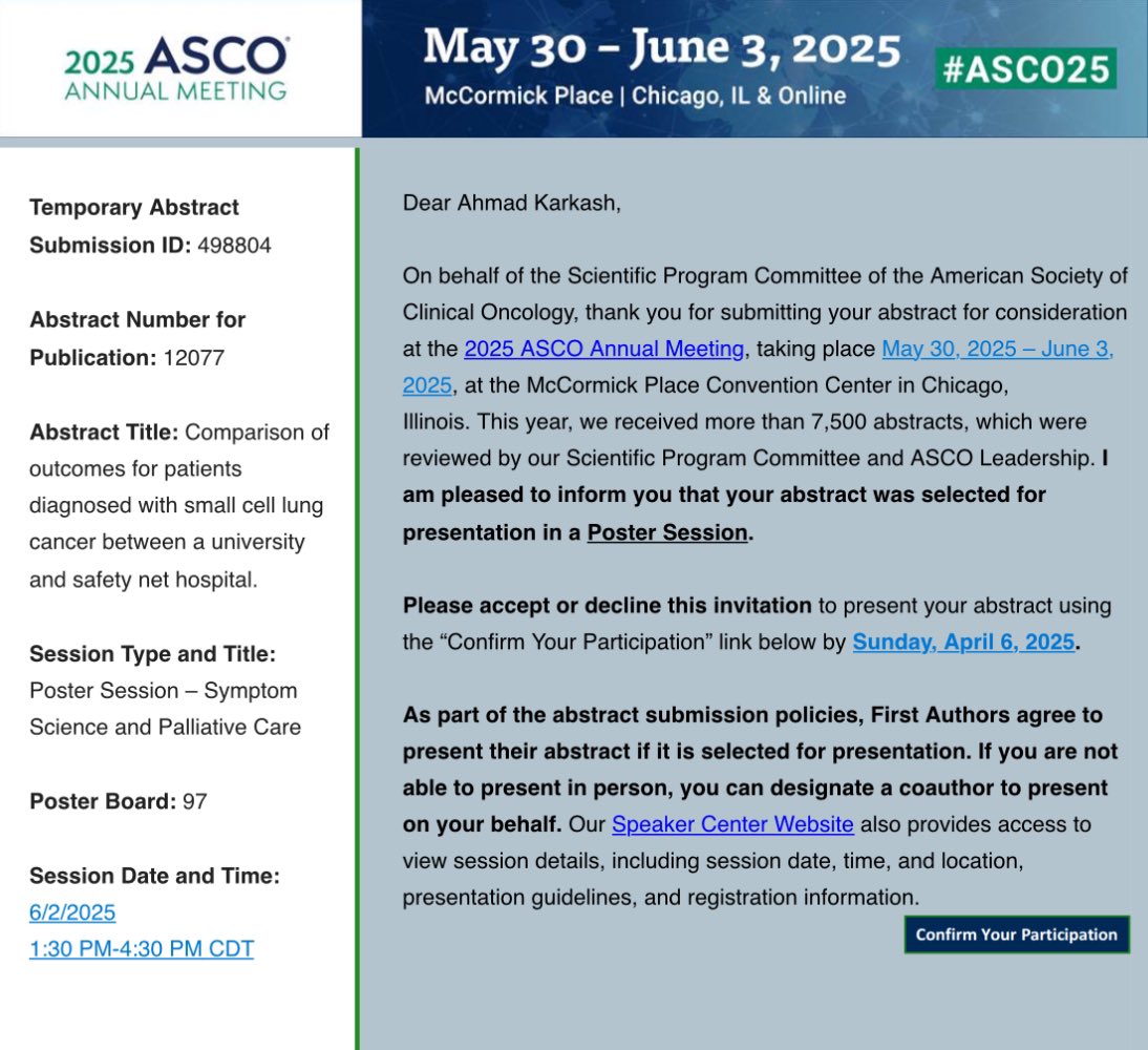 Ahmad Karkash (@karkashahmad) on Twitter photo Excited to share that our abstract was accepted for a poster presentation in ASCO 2025!! 🎉
Huge thanks to my amazing mentor Dr. Shields and the team🤩🫁
<a href="/drshieldsmd/">Misty Dawn Shields</a> <a href="/MyaPrecisionG/">Mya Tran</a> <a href="/IUIntMed/">Indiana University Internal Medicine</a> <a href="/IUCancerCenter/">IU Simon Comprehensive Cancer Center</a> <a href="/TheShieldsLab/">The Shields Lab</a>
#ASCO #Chicago #Oncology #SCLC Excited to share that our abstract was accepted for a poster presentation in ASCO 2025!! 🎉
Huge thanks to my amazing mentor Dr. Shields and the team🤩🫁
<a href="/drshieldsmd/">Misty Dawn Shields</a> <a href="/MyaPrecisionG/">Mya Tran</a> <a href="/IUIntMed/">Indiana University Internal Medicine</a> <a href="/IUCancerCenter/">IU Simon Comprehensive Cancer Center</a> <a href="/TheShieldsLab/">The Shields Lab</a>
#ASCO #Chicago #Oncology #SCLC