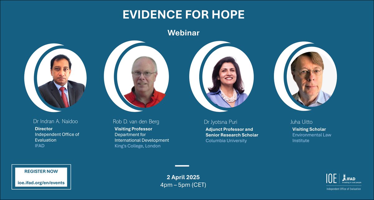 #IFADeval is holding a learning event titled ‘Evidence for Hope’. <a href="/RobDvandenBerg/">Rob D. van den Berg</a>, Dr <a href="/Jo_Puri/">Dr. Jo Puri</a> &amp; <a href="/JuhaUitto/">Juha Uitto</a> will discuss how humanity may now be on the verge of starting the sustainability revolution. Dr <a href="/Indran_Eval/">Dr. Indran A Naidoo</a> will moderate the panel discussion.

📝 bit.ly/3E4YKIV