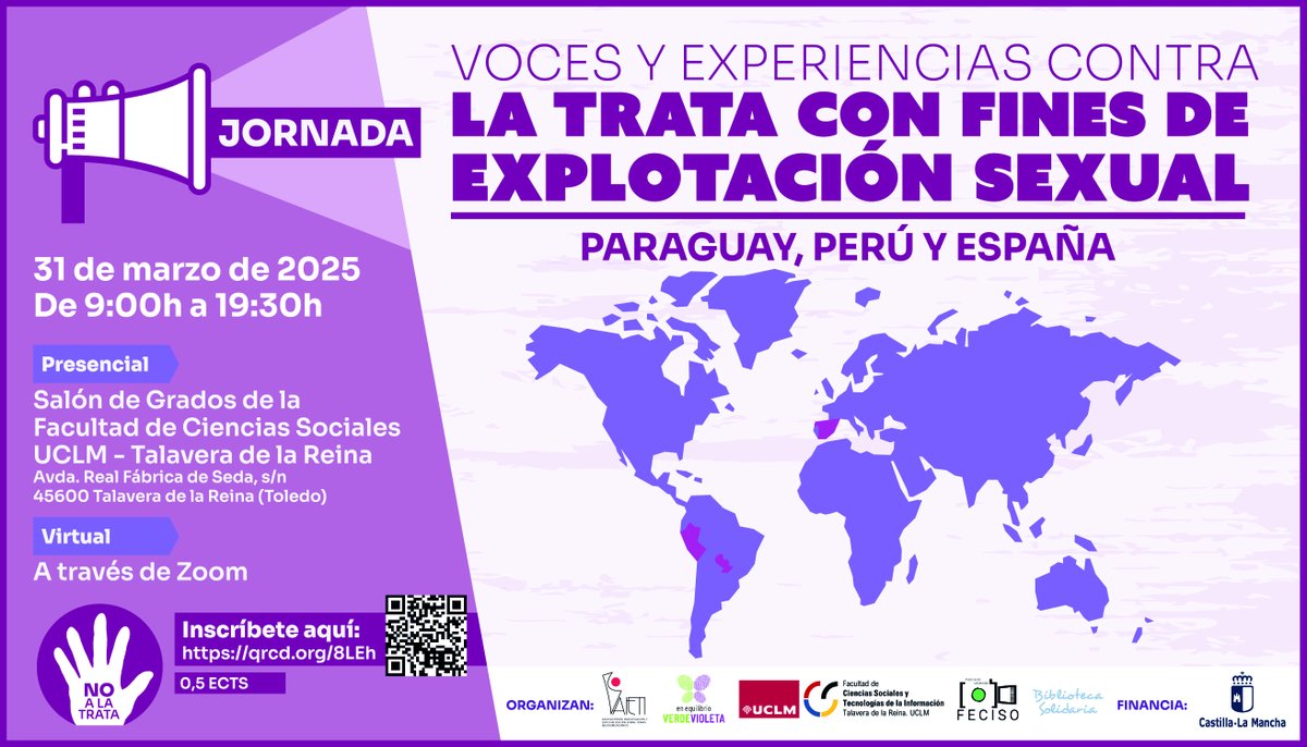 📢Jornada de sensibilización sobre la trata con fines de explotación sexual  desde la voz de las supervivientes.
🗓️31 de marzo, 9:30 h
🏫Fac. Ciencias Sociales UCLM en Talavera de la Reina.
Proyectaremos el documental ganador del Goya "Ava"
🖊️Inscríbete qrcd.org/8LEh