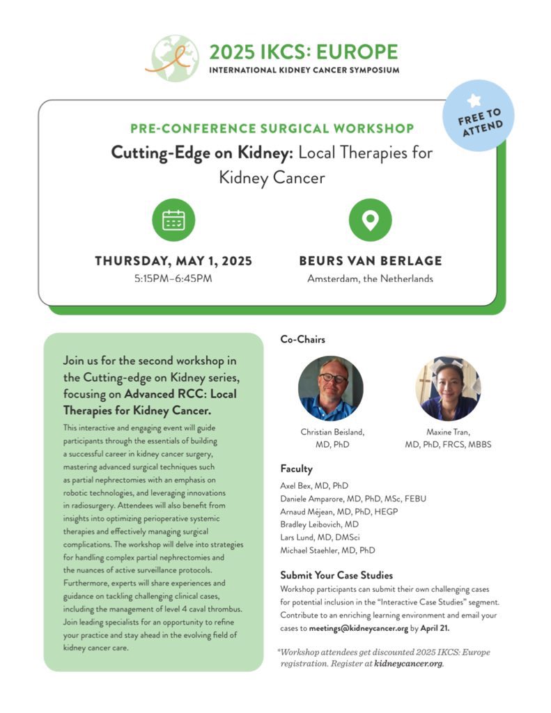 EAU-YAU Renal Cancer Working Group (@eauyau_renalca) on Twitter photo Join <a href="/KidneyCancer/">Kidney Cancer</a> Europe 2025: pre-conference surgical workshop Cutting-Edge on kidney focused on local therapies for advanced RCC
YAU RCC will be there contributing to the conversation
🗓️ May 1, 2025 – Amsterdam
📍 Register at kidneycancer.org Join <a href="/KidneyCancer/">Kidney Cancer</a> Europe 2025: pre-conference surgical workshop Cutting-Edge on kidney focused on local therapies for advanced RCC
YAU RCC will be there contributing to the conversation
🗓️ May 1, 2025 – Amsterdam
📍 Register at kidneycancer.org