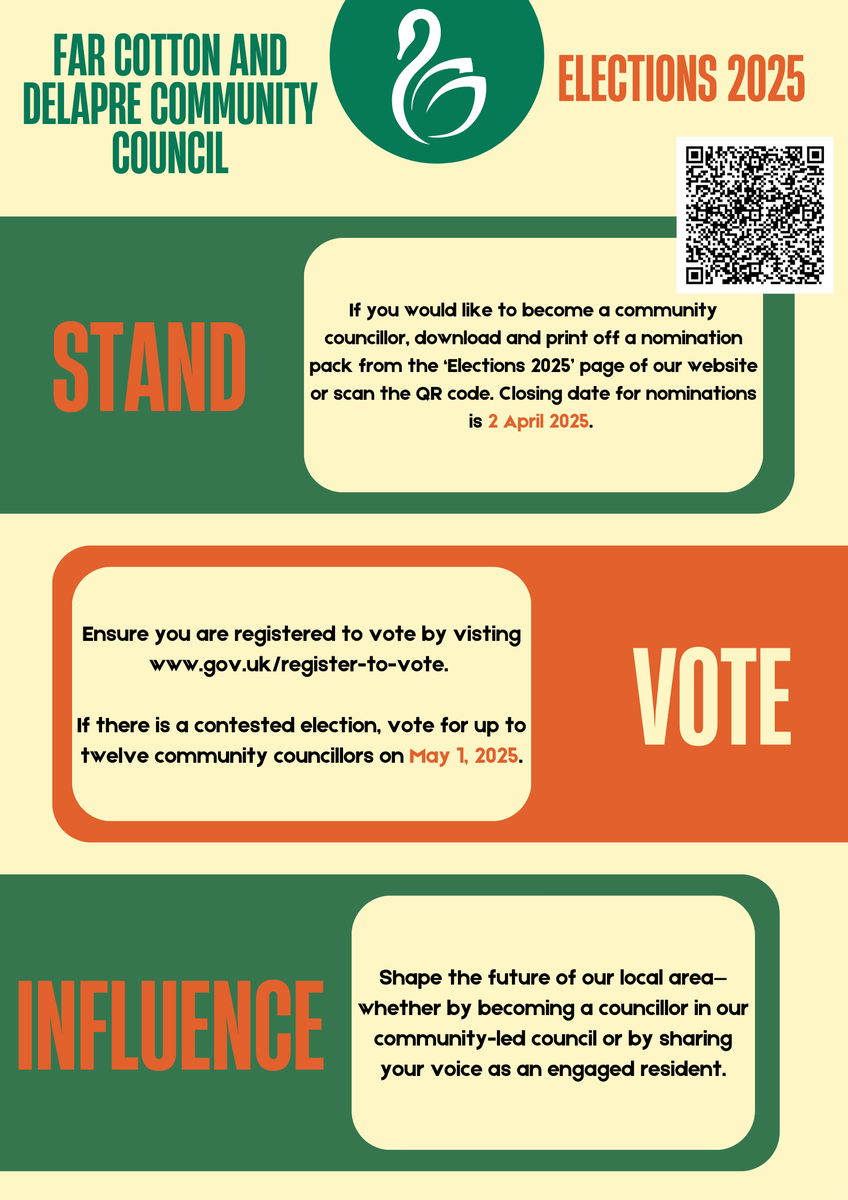 Only 7days to go!
If you would like to be a Community Councillor, there isn't long to hand in your nomination papers! If you would like to know how to submit your forms, please visit the elections page of our website: farcottonanddelapre-cc.gov.uk/elections-2025