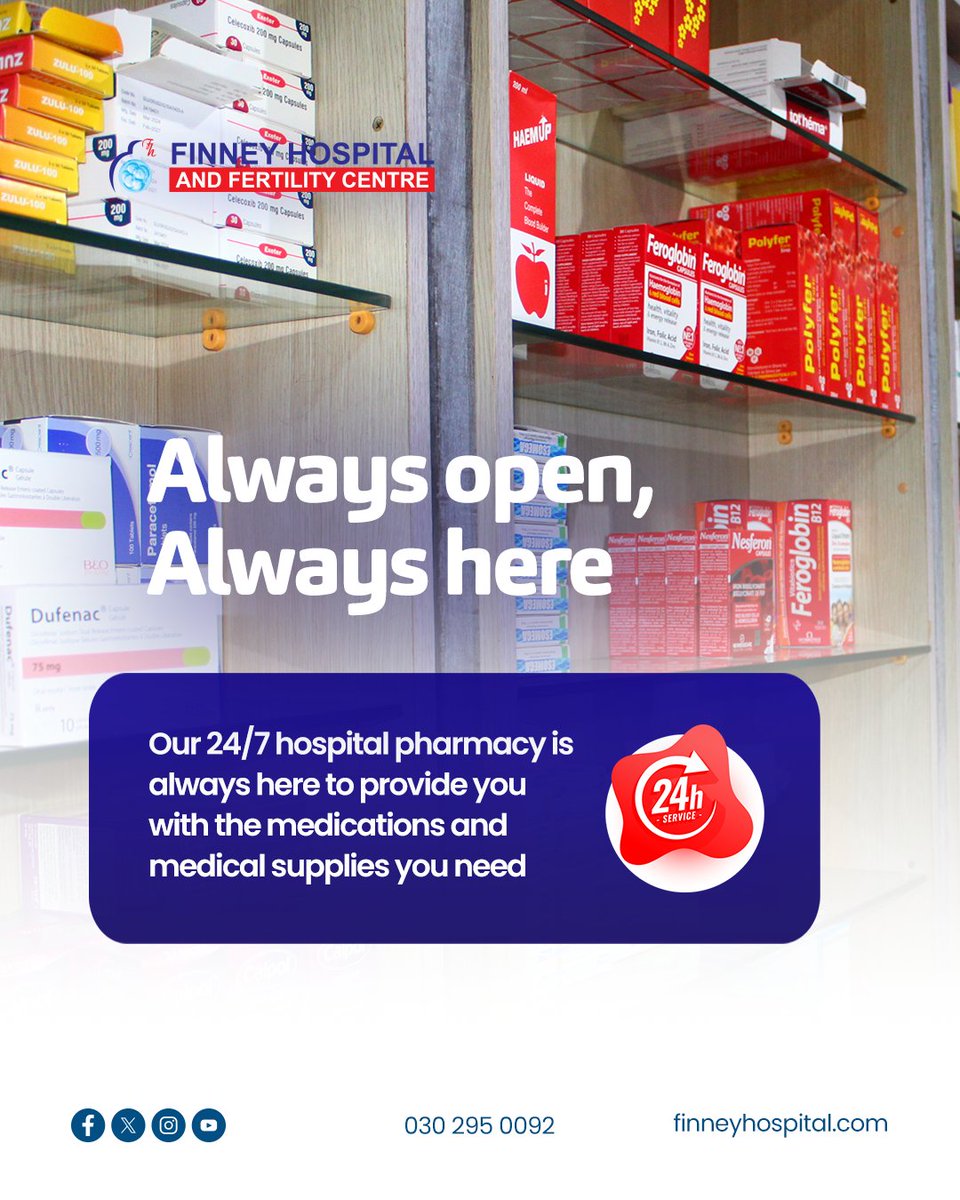🌟 Your Health, Our Priority—Anytime, Anywhere! 🌟
We're here for you 24/7 at the Finney Hospital and Fertility Centre's Pharmacy. From essential medications to health advice, our doors are always open to serve you. 🩺💊 #24HourPharmacy #fhfc #finneyhospital #healthfirst