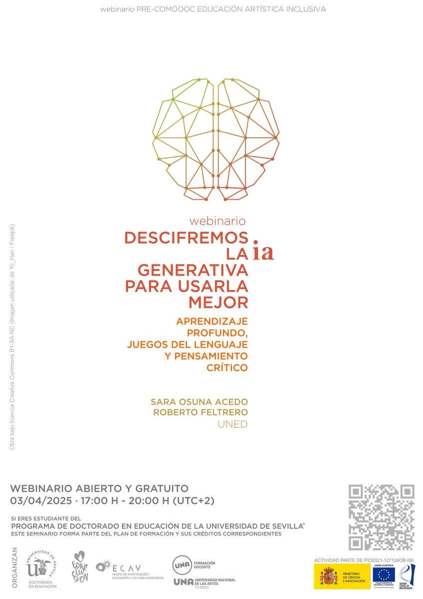 Desde el Programa de Doctorado de <a href="/unisevilla/">Universidad de Sevilla</a> –y como parte del proyecto #EDARCLUSION– presentamos un webinario abierto y gratuito que impartirán <a href="/SaraOsunaAcedo/">Sara Osuna Acedo</a> y Roberto Feltrero de <a href="/UNED/">UNED</a> el próximo 3 abril sobre #InteligenciaArtificial: acortar.link/amLnLD