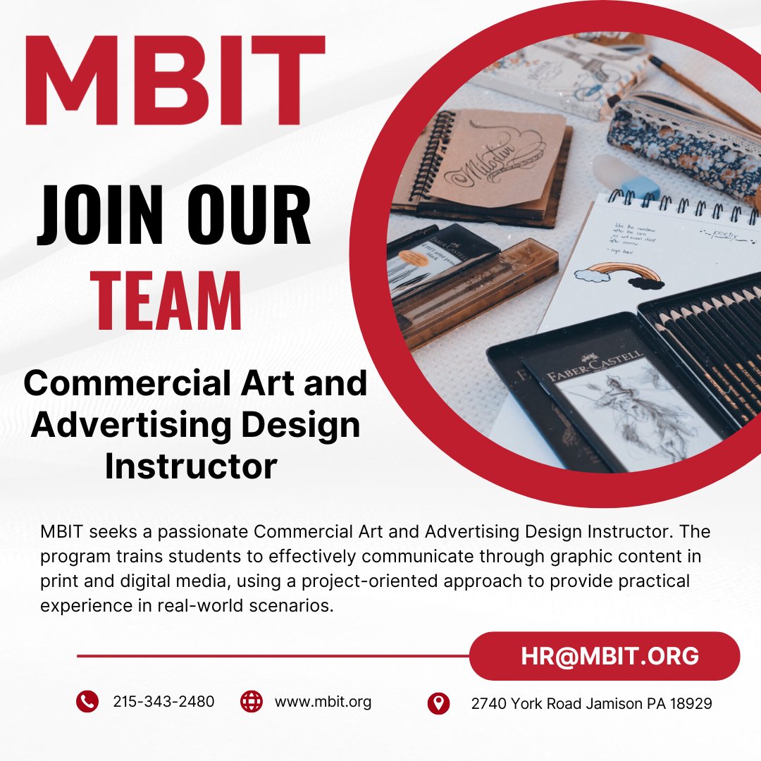 📢 Join Our Team! 🎨
MBIT is seeking a Commercial Art and Advertising Design Instructor to inspire the next generation of creative professionals.
🔗 mbit.org/Page/1769
#MBIT #NowHiring #ArtInstructor #GraphicDesign #CareerAndTechnicalEducation #CTE #ArtEducation