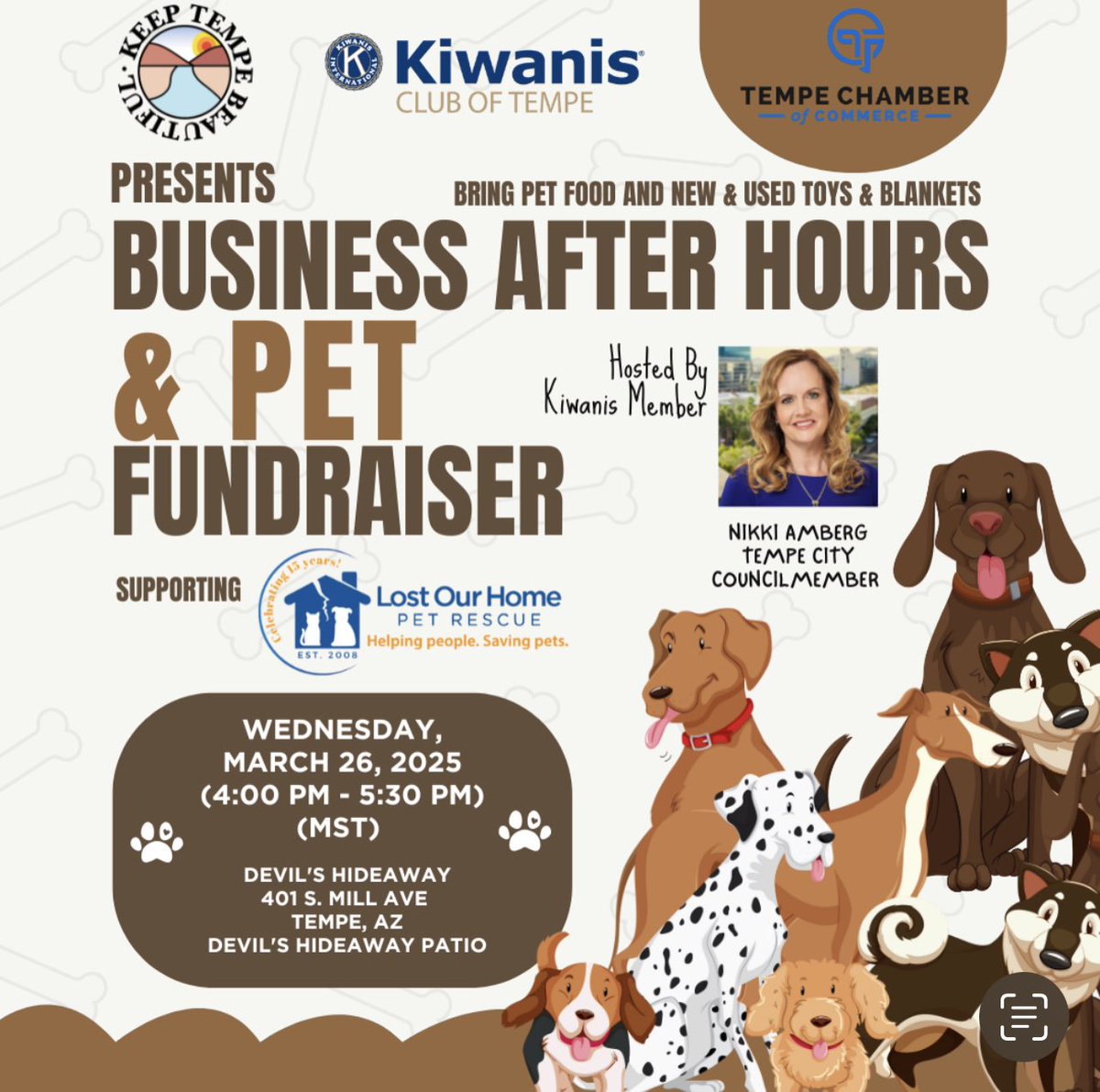 keeptempebtfl's tweet image. Join Keep Tempe Beautiful TODAY, Wed, March 26th, 4-5:30pm for a Tempe Chamber of Commerce Happy Hour at Devil’s Hideaway on Mill Ave (former Rula Bula)! 

We’re partnering with the Kiwanis Club of Tempe, hosted by their KCOT member &amp;amp; Tempe City Councilmember Nikki Amberg.…