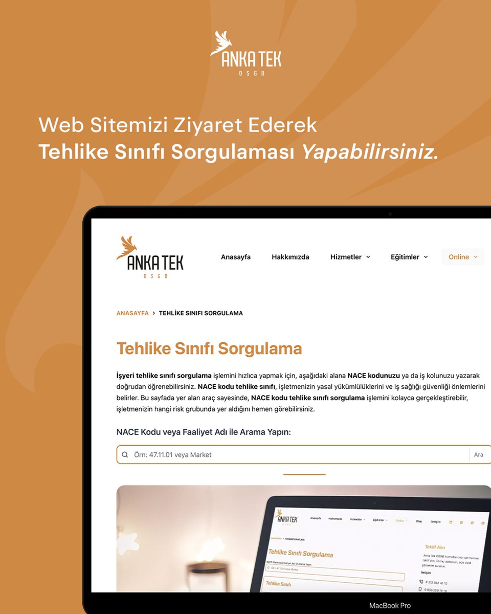 İşletmenizin Tehlike Sınıfını Öğrenmek Artık Çok Kolay!✨

Web sitemiz üzerinden Tehlike Sınıfı Sorgulama işlemini hızlı ve pratik bir şekilde gerçekleştirebilirsiniz. 

NACE kodunuzu girerek işletmenizin yasal yükümlülüklerini ve iş sağlığı güvenliği önlemlerini kolayca öğrenin.