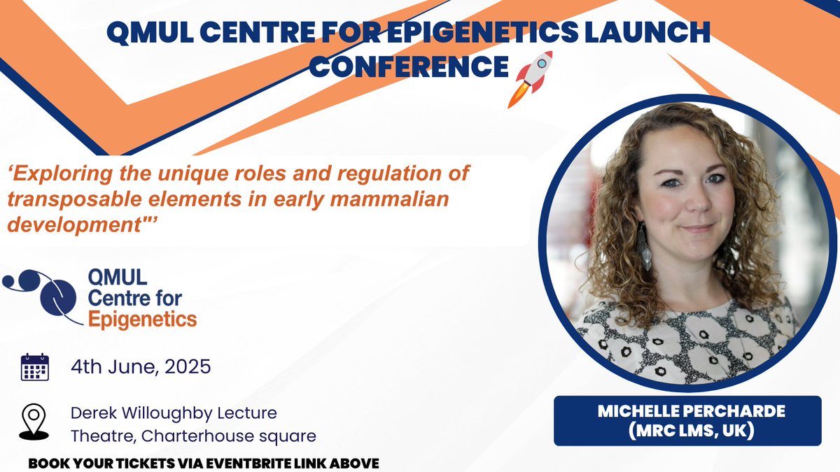 QMULepigenetics's tweet image. Only a couple of months left until our official QMUL Centre for Epigenetics Launch Conference! We will have an amazing list of guest speakers, including Michelle Percharde @MPercharde from MRC LMS, UK. Spaces are limited.eventbrite.co.uk/e/qmul-centre-…
