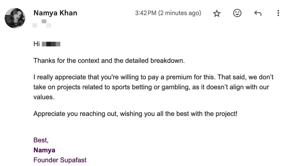 Not all money is good money.

Just turned down a high-ticket project because it didn’t align with our values.

I’d rather make less and sleep well than compromise what I stand for.

Integrity > income.