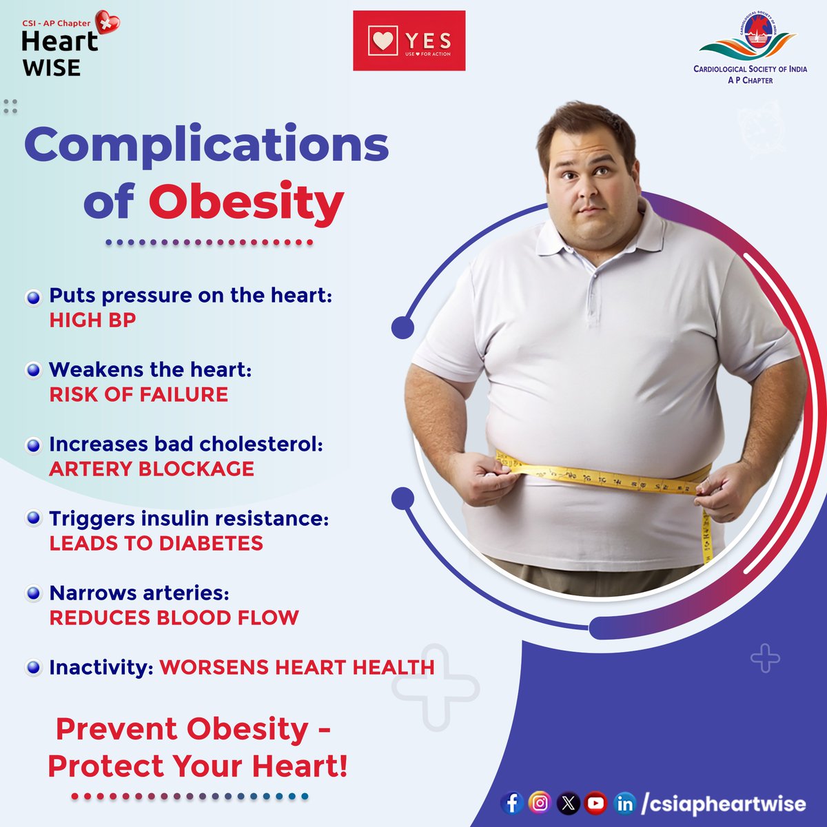 csiapheartwise's tweet photo. Complications of #Obesity – Know the Risks!

Excess weight puts your heart at risk, increasing BP, cholesterol, and insulin resistance. Stay active, eat healthy, and protect your heart.

#CSIAPChapterHeartWise #CSIAPChapter #CSIAPHeartWise #ObesityAwareness #HealthyLiving https://t.co/oX2UmonH7R
