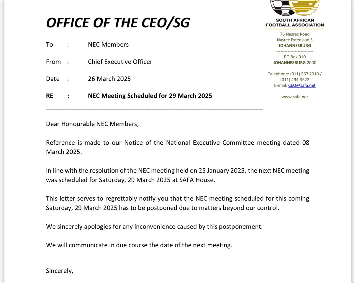 Safa, fresh from failing to pay salaries yesterday, is unable to hold an NEC meeting this weekend “due to matters beyond” their control