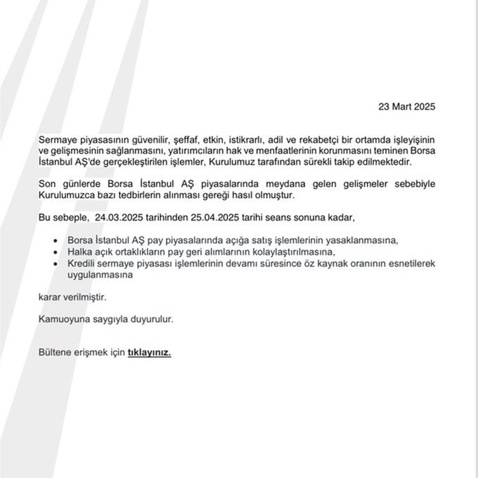 CharlieBeasant's tweet image. Sermaye Piyasa Kurulu:

• Borsa İstanbul pay piyasalarında açığa satış işlemlerinin yasaklanmasına,

• Halka açık ortaklıkların pay geri alımlarının kolaylaştırılmasına,

• Kredili sermaye piyasası işlemlerinin devamı süresince öz kaynak oranının esnetilerek uygulanmasına