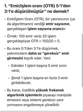 CharlieBeasant's tweet image. Pay Piyasasında emir/işlem oranı (OTR) 24/03/2025 ile 25/04/2025 (seans sonuna kadar) arası dönemde 5:1'den 3:1'e düşürülmüştür ve emir/işlem oranı eşik değer aşım ücreti 24/03/2025 tarihinden itibaren 0,25 TL'den 0,50 TL'ye yükseltilmiştir.

#sernt #raysg #bigen #mopas #vsnmd