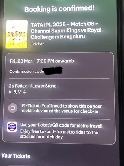 SSharvesh4's tweet photo. Tickets available for #CSKVSRCB at Chepauk, 28th Mar

🚨2 in each I LOWER🚨
Online TICKETS
Cost of each ticket 11k
Prices are negotiable
Call/Dm if interested to 8248387423

#csk #CSK #MSD #MSDhoni #CskTickets #IPL2025 #ipltickets #IPL #CSKvsRCB #rcbvscsk #yellow #csktickets https://t.co/AuRueTVVmo