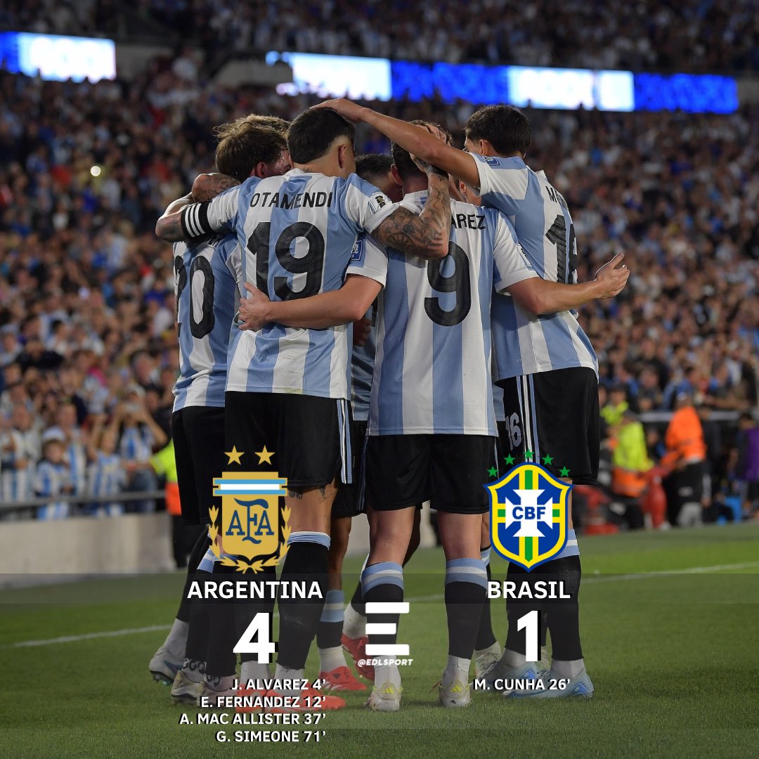 ¡ARGENTINA HUMILLA A BRASIL!🇦🇷⚽️🔥

Los campeones del mundo derrotaron 4️⃣-1️⃣ a Brasil🇧🇷 en la jornada 14 de las eliminatorias rumbo al Mundial del 2026.

😱Primera vez que Brasil recibe 4️⃣ goles en eliminatorias. 

#EDLSport #Argentina #Brasil