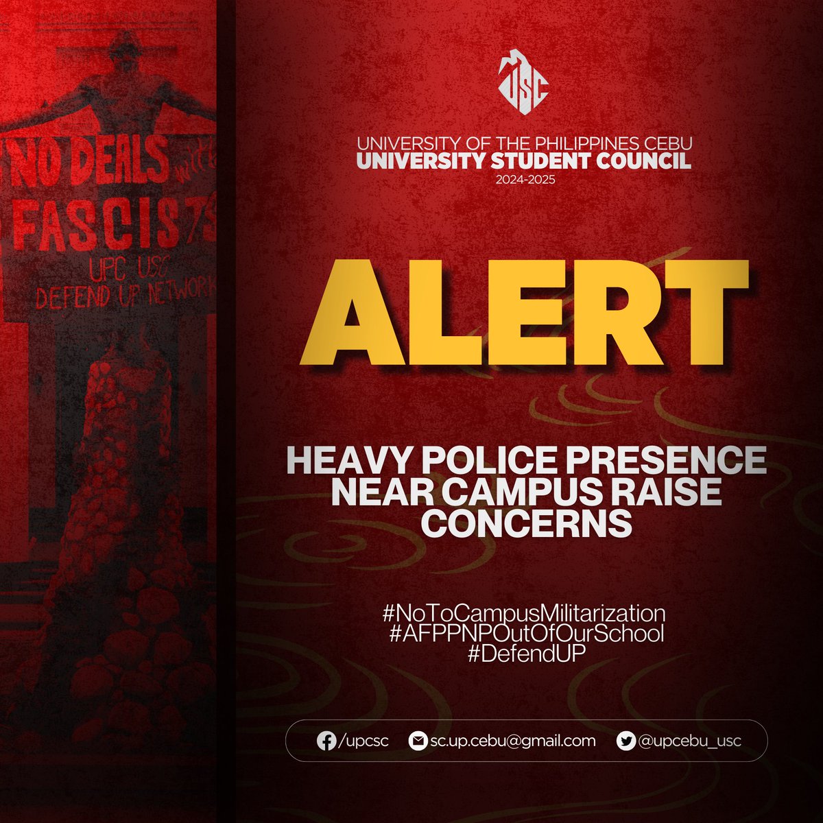 upcebu_usc's tweet photo. ALERT | HEAVY POLICE PRESENCE NEAR CAMPUS RAISE CONCERNS
This raises questions on the intent behind the show of numbers of police officers on the third day of Iskolaro 2025.
#NoToCampusMilitarization
#AFPPNPOutOfOurSchool
#DefendUP https://t.co/w96FYkYvJz
