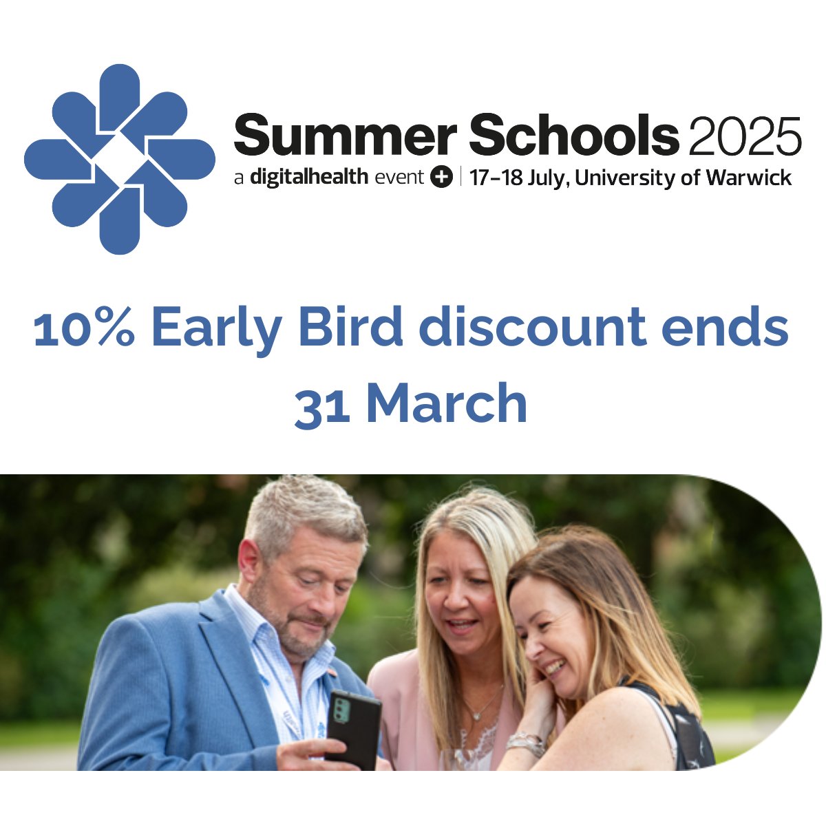 Join us at Digital Health Summer Schools (17-18 July 2025, University of Warwick) for keynotes, workshops, and networking with NHS digital leaders. 

10% early bird ends 31 March. 20% group bookings of 4+ people 

digitalhealthsummerschools.com #DHSS25