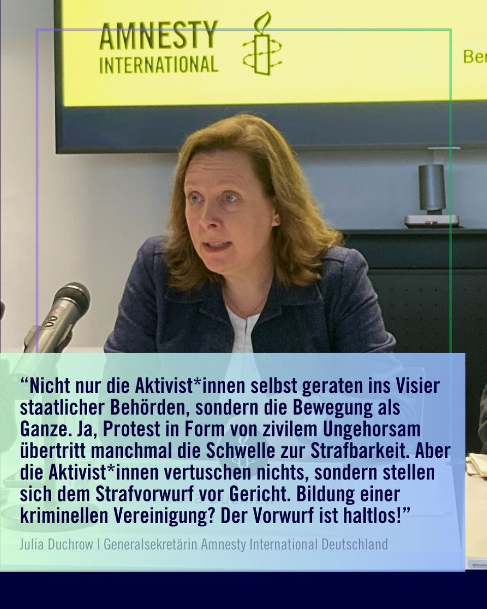 Julia Duchrow (@julia_duchrow) on Twitter photo Die Anklage gegen Mitglieder der <a href="/AufstandLastGen/">Letzte Generation</a> wegen Bildung einer kriminellen Vereinigung ist ein menschenrechtlicher und rechtstaatlicher Skandal! Wir solidarisieren uns mit den Betroffenen und verteidigen die Meinungs- und Versammlungsfreiheit! #klimakrise <a href="/amnesty_de/">Amnesty Deutschland</a> Die Anklage gegen Mitglieder der <a href="/AufstandLastGen/">Letzte Generation</a> wegen Bildung einer kriminellen Vereinigung ist ein menschenrechtlicher und rechtstaatlicher Skandal! Wir solidarisieren uns mit den Betroffenen und verteidigen die Meinungs- und Versammlungsfreiheit! #klimakrise <a href="/amnesty_de/">Amnesty Deutschland</a>