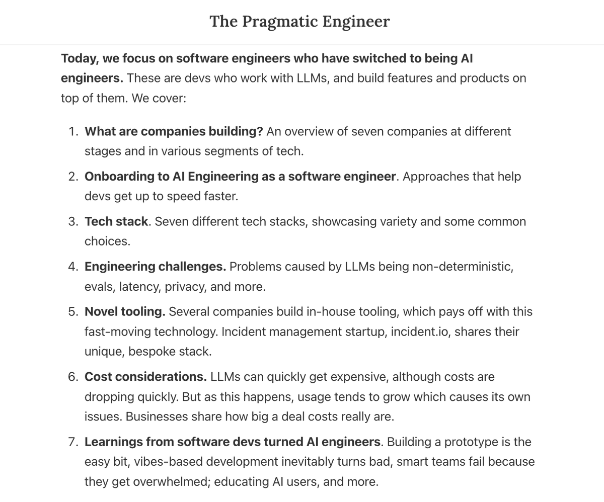 Pragmatic_Eng's tweet image. Have you been hearing how "AI will replace software engineers"? Is it true?
We talked with software engineers who not only are not "replaced" but picked up a new skillset working with LLMs. They are building amazing things.
A deepdive... into reality:
newsletter.pragmaticengineer.com/p/ai-engineeri…
