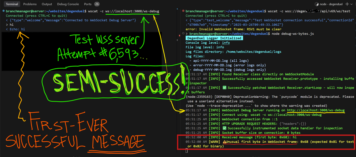 BranchM's tweet image. POSSIBLE CLUE #2That thread led me to testing for the buffer bytes bullshit our man Tim was alluding to.LO AND BEHOLD... Something is amissSomehow, we connect and STAY connected. For the first time, a message is sent and received. So either the problem lies withinguess this