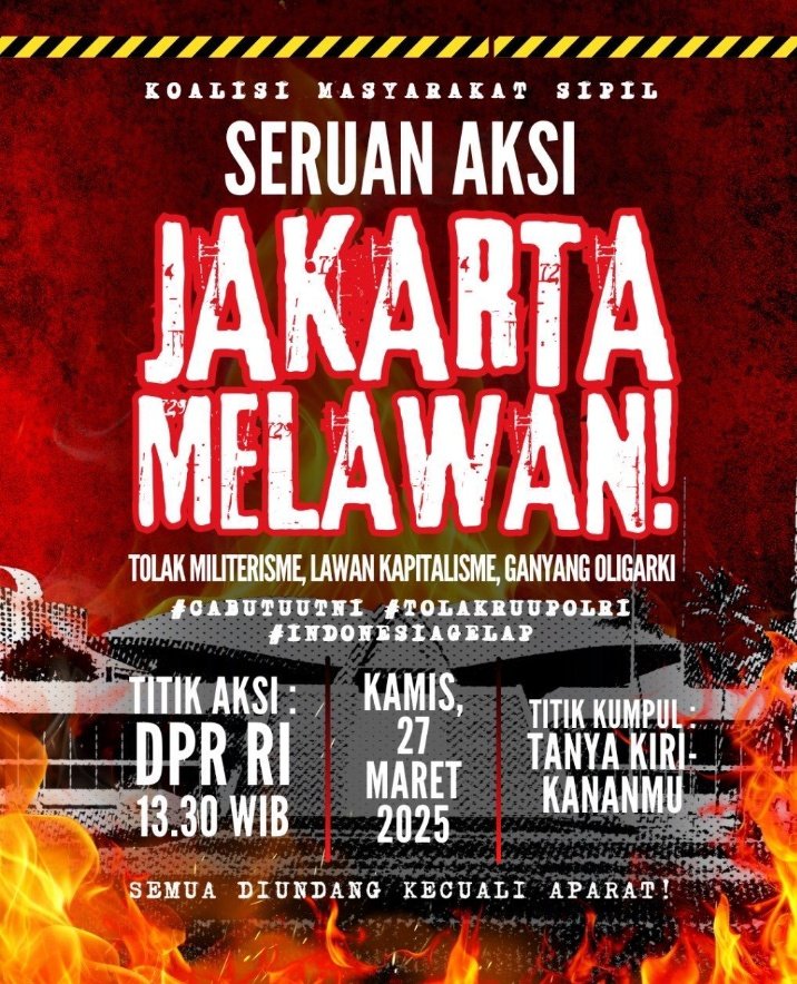 Yukk gasss
Seruan aksi jakarta melawan..
Semua diundang kecuali aparat..

#CabutUUTNI #TolakUUTNI