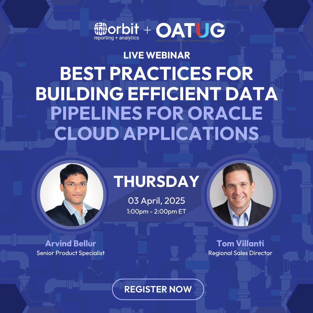 OrbitAnalytics's tweet image. Learn how Orbit’s solutions simplify data integration, accelerate analytics with pre-built models, and ensure seamless reporting across #OracleFusionCloud. Don’t miss this chance to transform your data strategy!
Elevate your analytics game! hubs.la/Q03drH_v0
#OrbitAnalytics