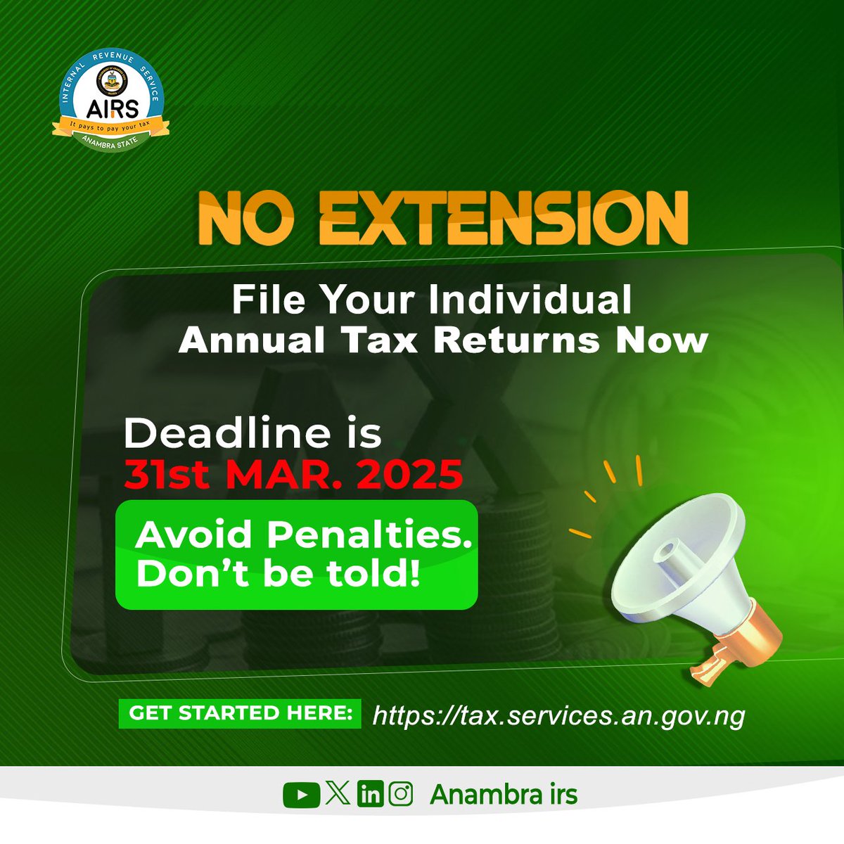 Anambra_IRS's tweet image. 📌 Act Now! 
Don’t wait until it’s too late.

#FileNow #AvoidPenalties #NoExtension #TaxReturns