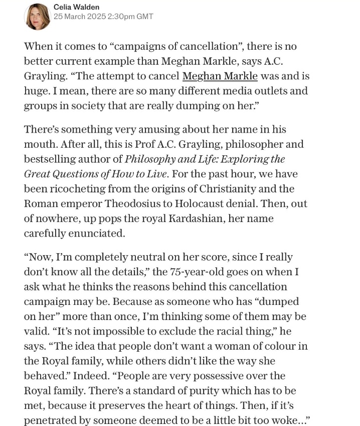 It's 2025 and Piers Morgan's wife - Celia Walden- who's as equally obsessed with Meghan and Harry, wants us to know that Meghan failed to meet "the standard of purity" to join the Royal family.

Is that what they call the "One Drop Rule" in the UK?