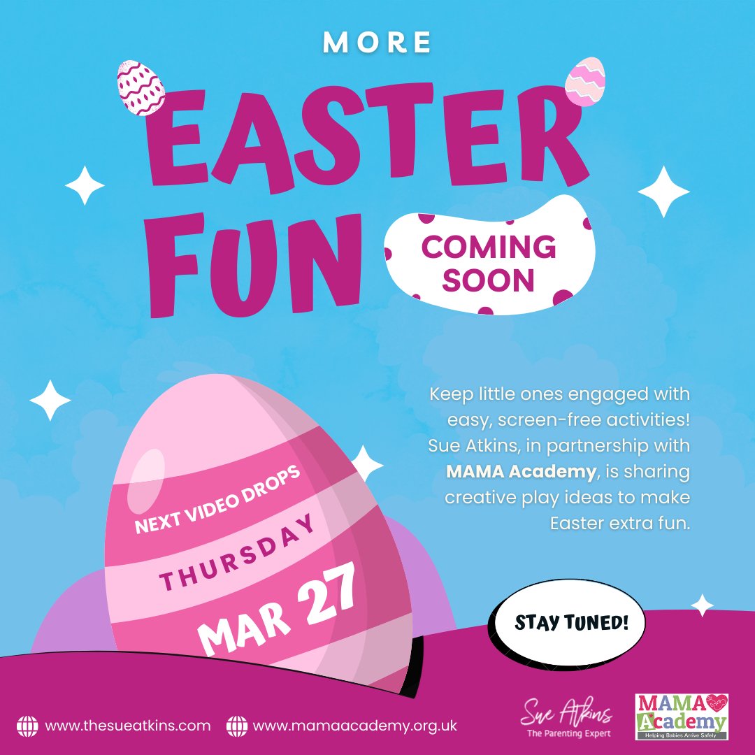 Sue Atkins 👶🏽👧📱🎧📚 (@sueatkins) on Twitter photo Easter fun is in full swing! 🐣🎉
Have you tried our screen-free activity ideas yet? I’m sharing simple, creative ways to keep little ones engaged this Easter in partnership with <a href="/MAMAAcademy/">MAMA Academy, The Safer Pregnancy Charity</a> !
📅 Next video drops Thursday, March 27—stay tuned for more playful ideas to make Easter fun is in full swing! 🐣🎉
Have you tried our screen-free activity ideas yet? I’m sharing simple, creative ways to keep little ones engaged this Easter in partnership with <a href="/MAMAAcademy/">MAMA Academy, The Safer Pregnancy Charity</a> !
📅 Next video drops Thursday, March 27—stay tuned for more playful ideas to make