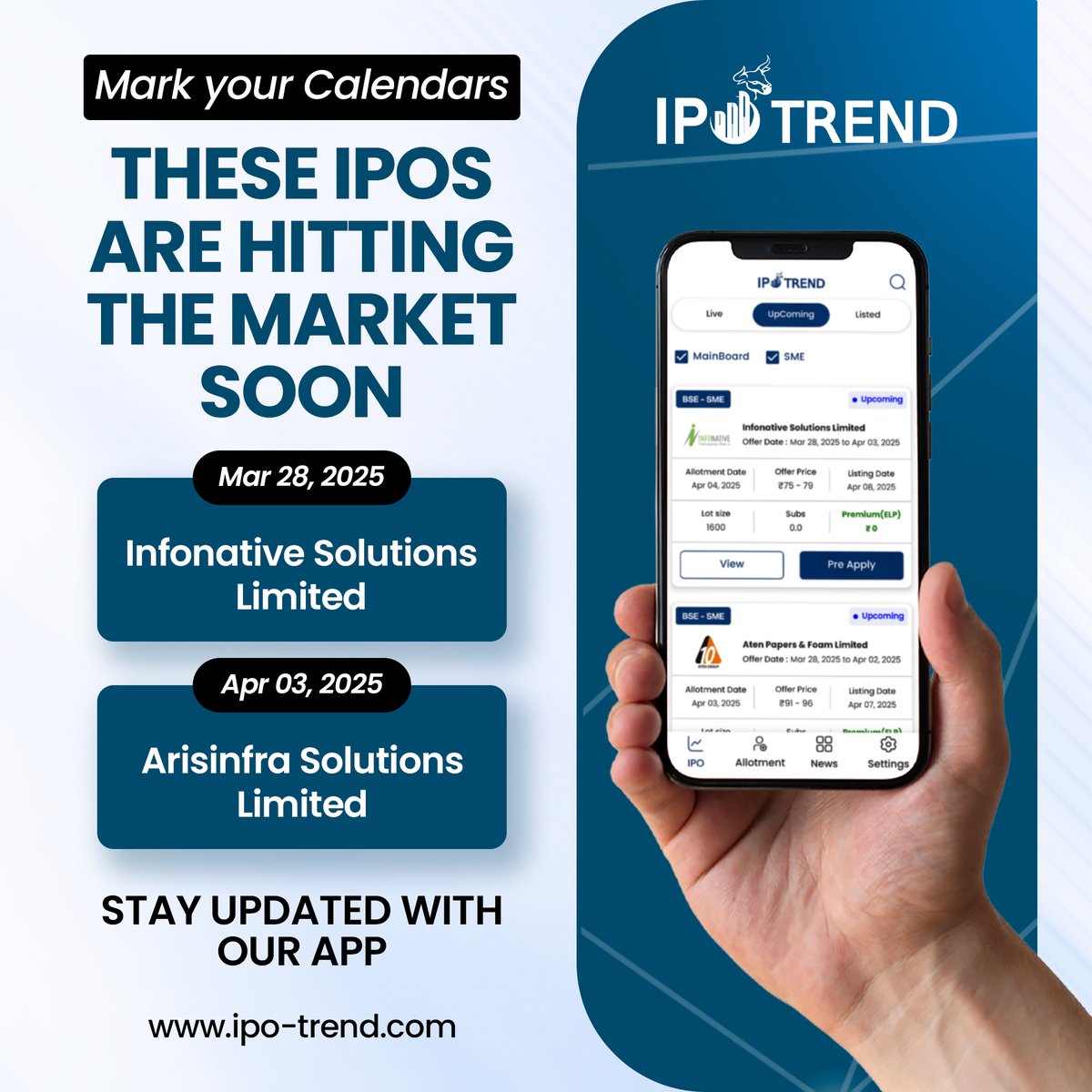 Exciting IPOs Coming Soon! 
Download the app now 
Appstore-apps.apple.com/in/app/ipo-tre…
#ipo #ipoupdates #ipolisting #ipomarket #infonativesolutions #arisinfrasolutionslimitedipo #ipoinvestment #ipogrowthinvesting #digitalmarketing #ipoapplication #ipotrends
