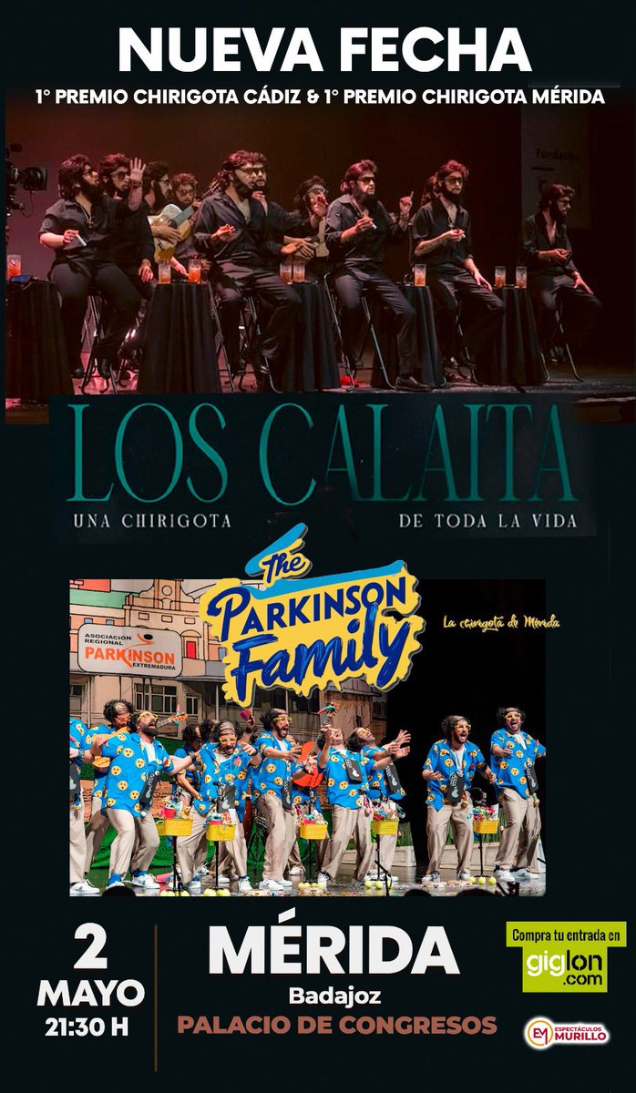 💣💣NUEVA FECHA💣💣

Chirigota “Los Calaita”
                   +
The Párkinson Family 

🗓️Viernes 2 de mayo 
🕢22:00 horas 
📍Palacio de Congresos de Merida 

🎟️ giglon.com/evento/los-cal…

Espectáculos Murillo
Jose Maria Murillo Naranjo
Ayuntamiento de Mérida