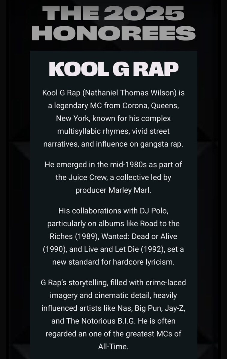 Baba_LP_7's tweet photo. Congratulations to @TheRealKoolGRap for this incredible achievement! One of the 2025 Honorees of the Hip Hop Grandmasters Award courtesy of The Paid In Full Foundation 🏆 

📸: @SinematicStudio https://t.co/dnCAr5VLy2