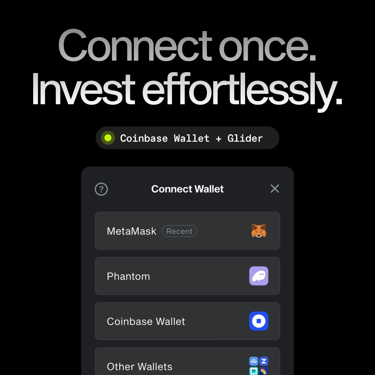 just eliminated another barrier to perfect execution 🦇♾

<a href="/CoinbaseWallet/">Coinbase Wallet</a> on Glider now with optimized gas handling thanks to coinbase's paymaster and bundler.

what this means for you:

→ smoother transactions
→ lower costs
→ one less thing to think about while your