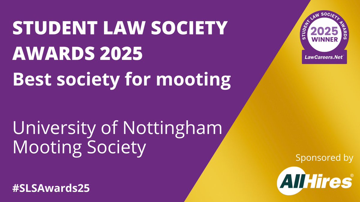 Congratulations to <a href="/NottsMootSoc/">UoN Mooting</a> for winning our 'Best society for mooting' award, sponsored by AllHires, at our Student Law Society Awards last night.

#slsawards25 #aspiringlawyer #lawcareers