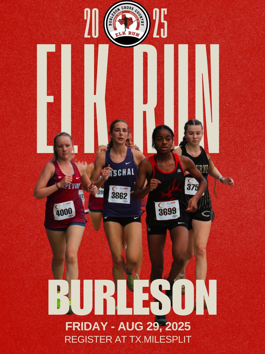 🏃‍♂️🦌Elk Run XC Meet 🦌🏃‍♀️
📅 August 29, 2025
📍 Chisenhall Park, Burleson, TX

📢 Save the Date! 📢

— this is one race you won’t want to miss! 🔥 

Register at TX.MileSplit. 

<a href="/uiltexas/">Texas UIL</a> | <a href="/TXMileSplit/">Texas MileSplit</a> | <a href="/TexasXCCoaches/">CCCAT</a>