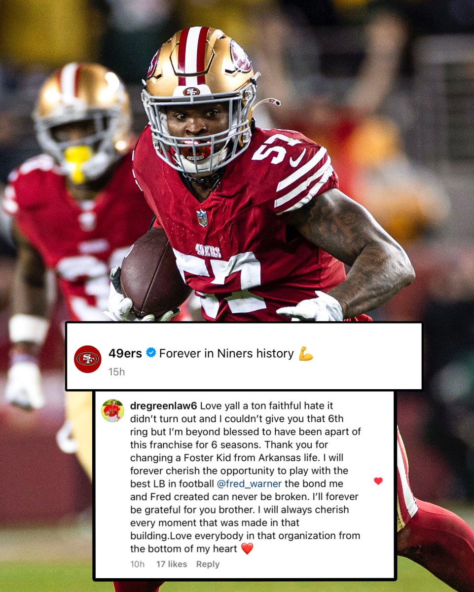 OurSf49ers's tweet photo. Former #49ers LB Dre Greenlaw shared a farewell message ❤️💛 https://t.co/VqvccXghML