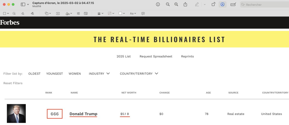 Avant mon accident lundi il y a deux semaines, je voulais partager ce message avec vous :
Parmi les près de 2800 milliardaires dans le monde, Donald Trump occupe actuellement le 666e rang, avec une fortune de 5,1 milliards de dollars… 
Pas superstitieuse, mais...
