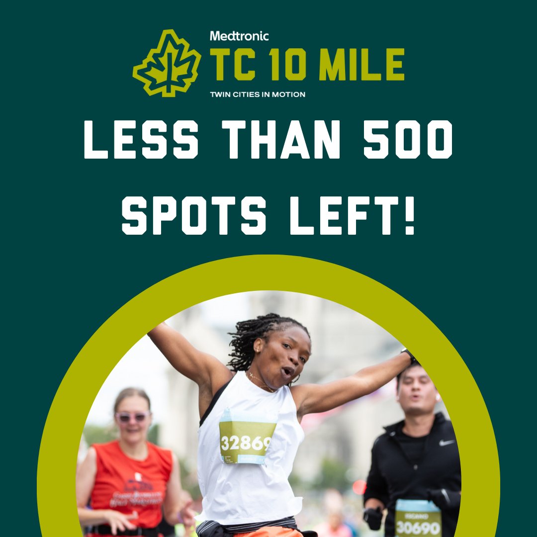tcmarathon's tweet photo. LESS THAN 500 SPOTS LEFT IN THE TC 10 MILE!
Register today and we'll see you on Sunday, Oct. 5 for the Shortcut to the Capitol: https://t.co/3OGsBBr6mS
#TC10Mile https://t.co/0OHgjZ2ewT