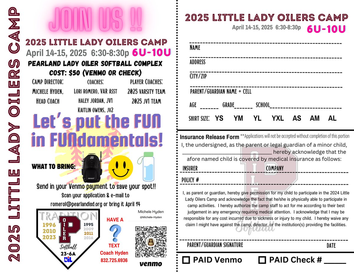 It’s almost that time!! If you are 6U-10U, come join us for the Little Lady Oiler Camp!!! Flyer is 👇 Can’t wait to see everyone! 
#BetterEveryDay 
#LittleLadyOilers