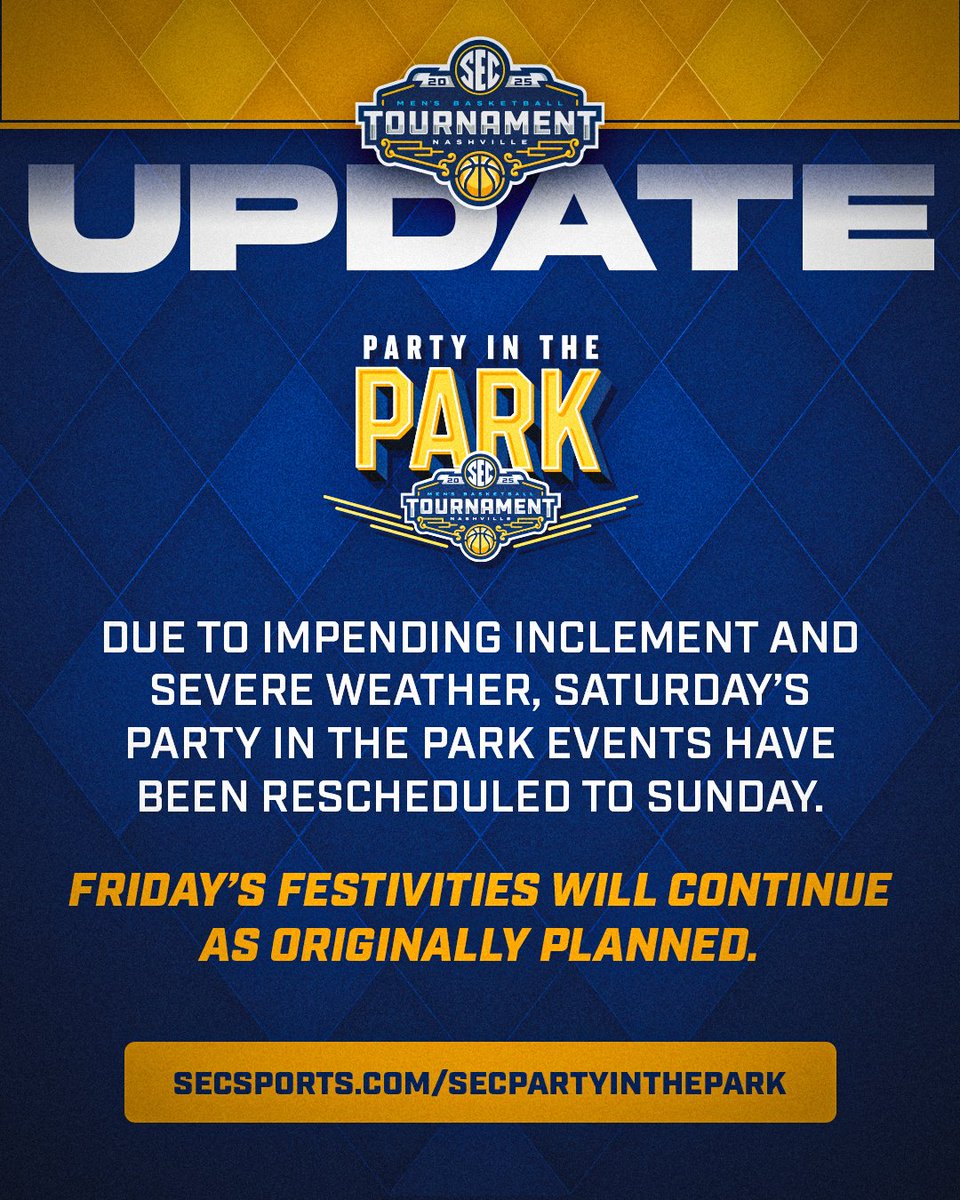 🚨 Update regarding SEC Party in the Park ⬇️

More Info: SECSports.com/secpartyinthep…

#SECMBB x #SECTourney