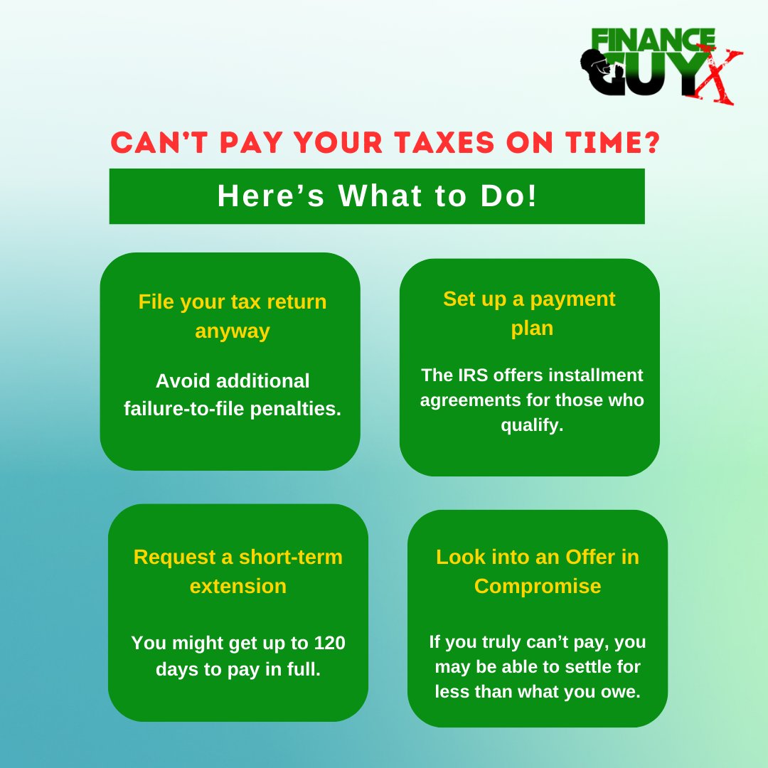FinanceGuyX's tweet photo. Missed the tax deadline? 😬 Don’t panic! Here’s what to do if you can’t pay your taxes on time. ⏳💸 Stay proactive and avoid penalties!
#TaxTips #IRSHelp #FinancialAdvice #TaxTime #PlanAhead #SmartFiler #TaxSeasonSuccess #TaxExperts #MaximizeYourRefund #DistrictOfColumbia #Maryland #Virginia