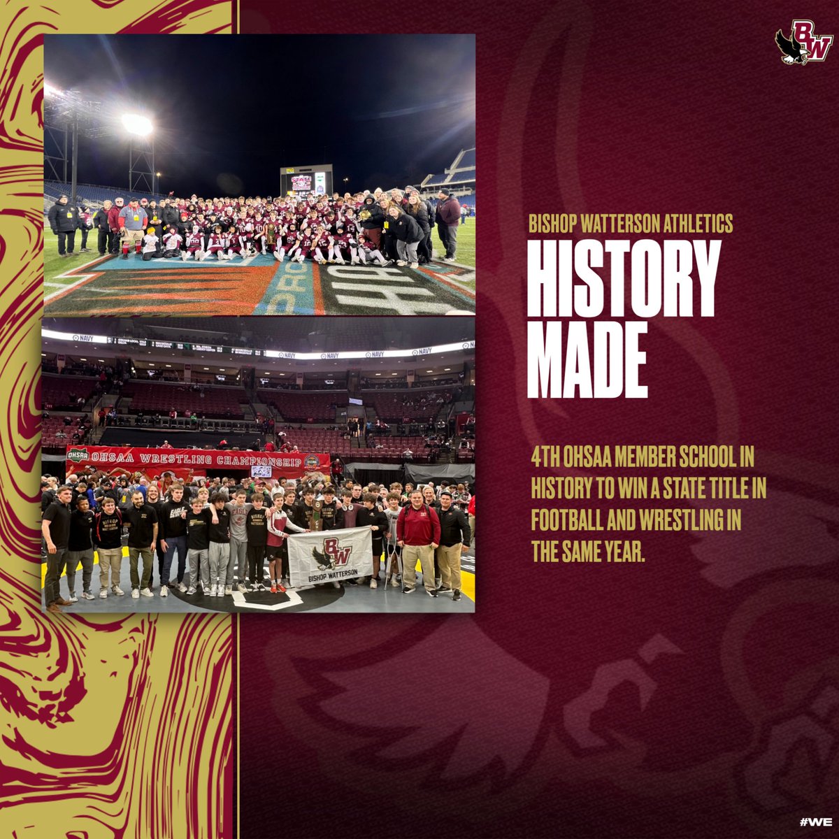 Watterson Athletics (@bwhs_athletics) on Twitter photo Bishop Watterson is the 4th OHSAA member school in history to win a State Title in both Football and Wrestling in the same year!🏆🦅
#WE 
#Watterson
#Eagles Bishop Watterson is the 4th OHSAA member school in history to win a State Title in both Football and Wrestling in the same year!🏆🦅
#WE 
#Watterson
#Eagles