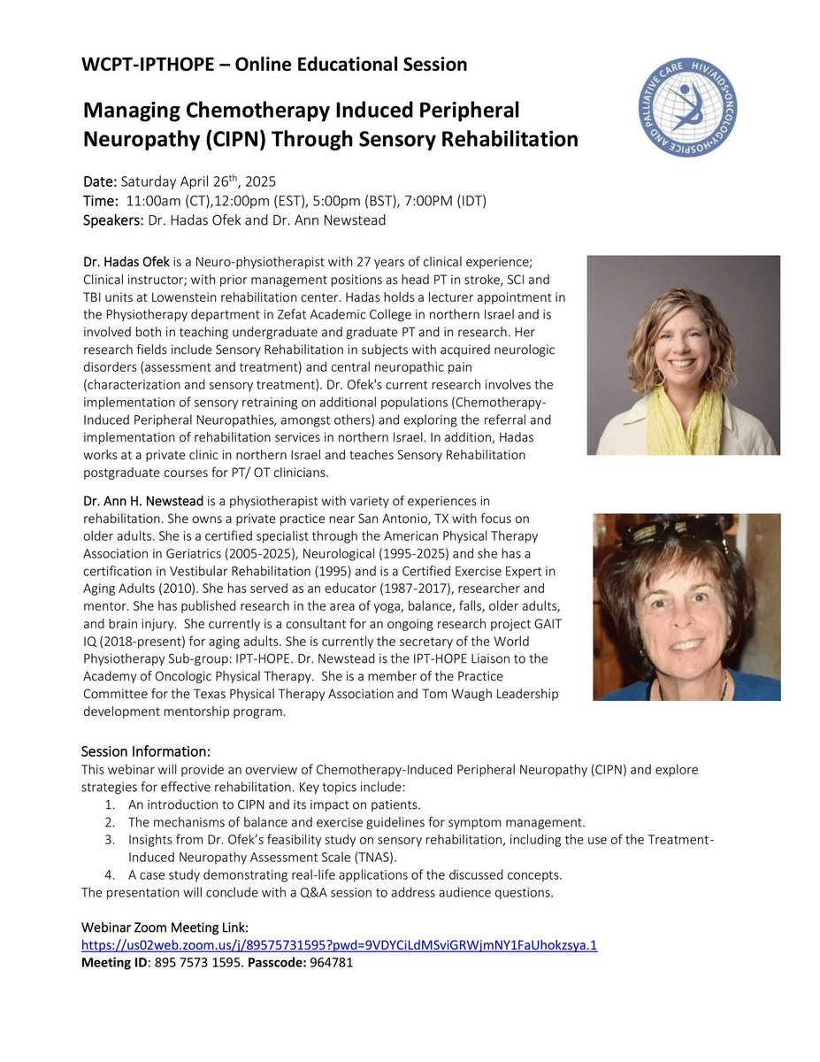 ACPOPC's tweet photo. CPD opportunity

@IPTHOPE are hosting an online webinar on CIPN and managing CIPN through sensory rehabilitation on the 26th of April 2025. Please see registration information in the flyer below

#cancer #oncology #physiotherapy #ACPOPC #webinar #physio #CIPN #IPTHOPE https://t.co/KRUe8IqH1H